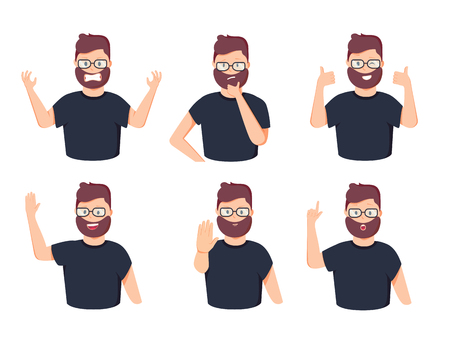 Set of male character with different gestures and emotions. Vector illustration in a flat styleのイラスト素材