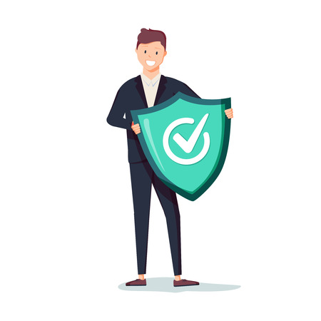 Protected from attack, concept. Defender, security business metaphor. Man is holding a shield reflecting the attacks.のイラスト素材