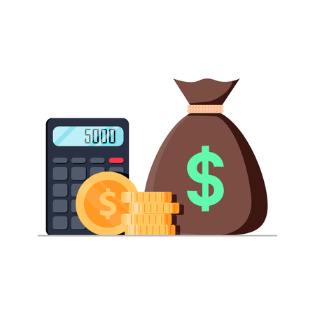 Money and calculator flat illustration. Banking bills and budget balance business illustration. Financial economy.のイラスト素材