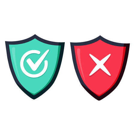 Shields and check marks icons set. Red and green shield with check mark and x mark. Protection and safety or security, reliability concepts. Modern flat design graphic elements. Vector iconsのイラスト素材