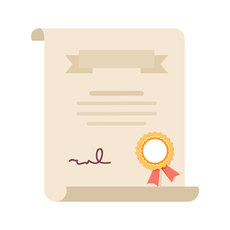 Degree certificate or contract. Graduate degree charter, license quality icon. Diploma, award or achievement with stamp. Flat style vector concept on white.のイラスト素材