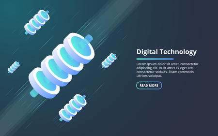 Concept of big data processing, energy station of future, server room rack, data center isometric vector illustration. 3D abstract information center digital concept. Futuristic hostingのイラスト素材