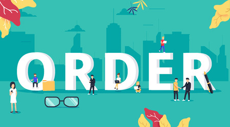 Online order concept vector illustration of people ordering and purchasing different types of goods such as food.のイラスト素材