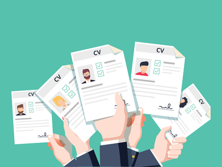 Hands holding cv resume documents. Applying for job. Competition of business man and woman for work career. Apply for jobs concept vector illustration. Employment of candidates.のイラスト素材