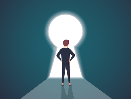 Businessman standing in a keyhole vector concept. Symbol of opportunity, solution, way for men in business.のイラスト素材