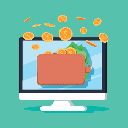 Online income money in electronic wallet vector illustration, flat cartoon golden coins flying in wallet on computer pc, concept of fund savings, cash earnings, financial success, digital wealthのイラスト素材