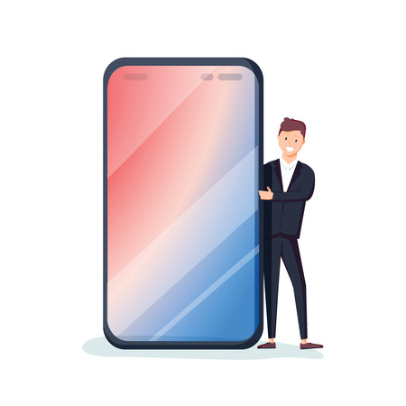 Female millennial character peeping out from behind the mobile phone. Blank space for your text on smartphone. Template. Smart phone screen. Flat editable vector illustration, clip art.のイラスト素材
