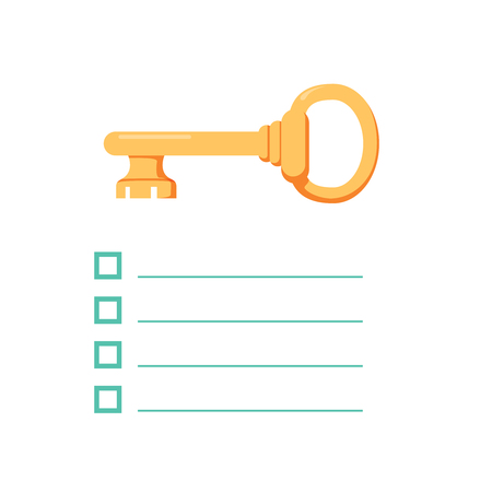 Key takeaway concept design. Vector image isolated on white background. List of Key Take away illustration isolated on white. Checklist conclusion idea with golden metal flat style clef icon.