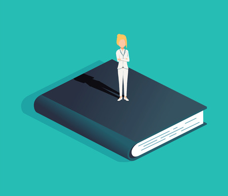 Business and education vector concept with business woman standing on a book. Symbol of career opportunityのイラスト素材
