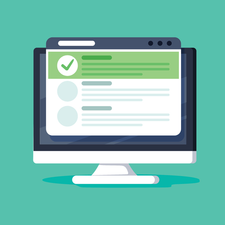 Online form survey, monitor with showing long quiz exam paper sheet document icon, on-line questionnaire results, check list or internet test. Vector illustration. Checklist with accepted right answerのイラスト素材