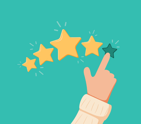 Vector cartoon funny illustration of Rating selection finger. Human hands put estimate. Rank. Five stars.のイラスト素材