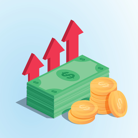Isometric Profit money or budget vector illustration, flat cartoon pile of paper cash and rising graph arrow up, concept of business success, economic or market growth, investment revenue earningsのイラスト素材
