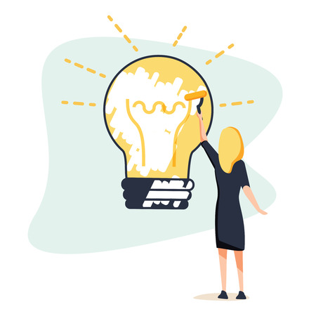 Big idea concept. Business woman draws large light bulb on wall. Symbol of new discoveries and startap. Web template. Vector illustration flat design. Isolated on background. Creative business people.のイラスト素材