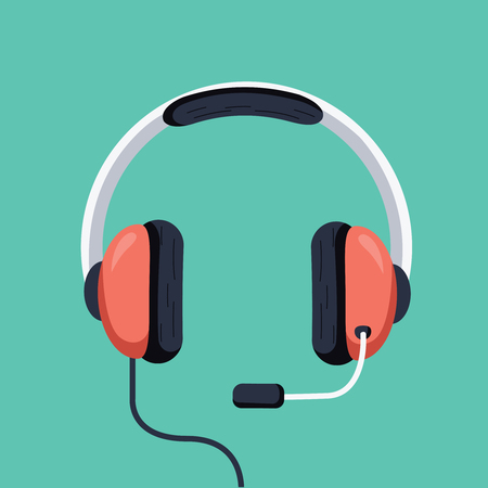 Headphones vector illustration, flat cartoon headset with mic isolated. Customer support operator iconの写真素材