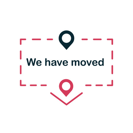 color we have moved thin line bubble. concept of locator land mark like ecommerce delivery or transfer label. flat simple trendy outline logotype graphic banner design illustration isolated on whiteのイラスト素材