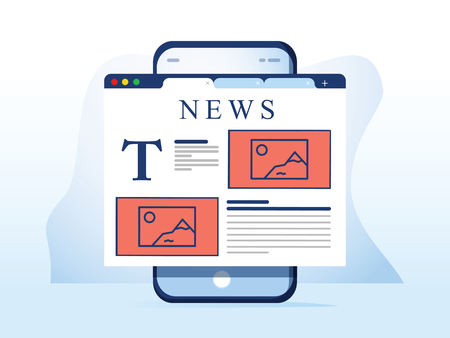 Reading news on smartphone. Online newspaper website opened in mobile browser on smart phone. News app, online media. Modern flat design. Vector illustration. Breaking news web design app on the phoneのイラスト素材
