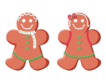 Holiday gingerbread man and woman cookie. Cookie in shape of man with colored icing. Happy new year decoration. Merry christmas holiday. New year xmas celebration. Vector illustration in flat style.のイラスト素材