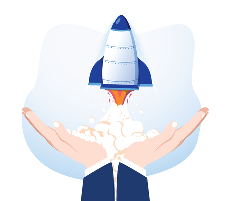 Rocket in hands isolated on background. Launch spaceship. Launching business product, project development. Start up, success concept. Vector flat cartoon design. Conceptual creative business successのイラスト素材