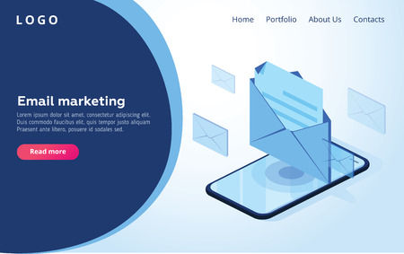 Header for website. Homepage. Concept of mobile email notification. Communication, distribution of information, sending of email. 3d isometric design. Vector illustration. Email or smm marketing webのイラスト素材