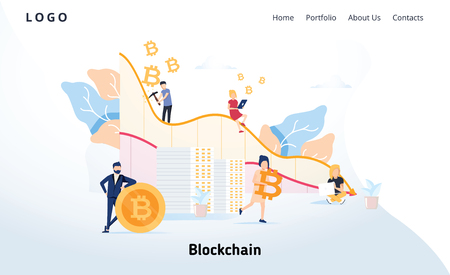 Blockchain modern flat design concept. Cryptocurrency and people concept. Landing page template. Conceptual crypto webのイラスト素材