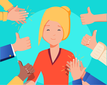 Happy woman portrait with thumbs up and human hands clapping isolated on background. Thumbs up flat hands for social network, blog and app. Party celebration concept. Happy woman, vector illustrationのイラスト素材