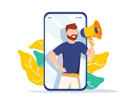 Refer a friend vector illustration concept, man shout on megaphone, can use for landing page, template, ui, webのイラスト素材