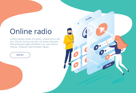 Concept of internet online radio streaming listening, people relax listen dance. Music applications, playlist onlineのイラスト素材