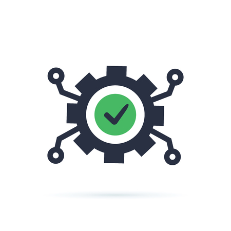 Technology development, cogwheel and check mark, innovation concept, system integration, software business, technicalのイラスト素材