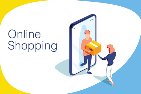 Isometric flat vector landing page template of express delivery service, courier service, goods shipping, ordering.のイラスト素材