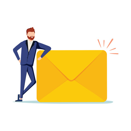 Happy man got an important letter. Handsome businessman or manager is standing nearby mailbox and holding an envelope. Modern vector illustration. Email subscribe vector illustration, email marketingのイラスト素材