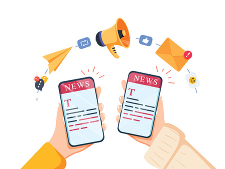 WebReading news on mobile device concept. Vector of a hand holding smartphone with news website.のイラスト素材