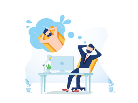 Business man is relaxing and dreaming about surfing and vacation on a tropical island at his work place. Modern officeのイラスト素材