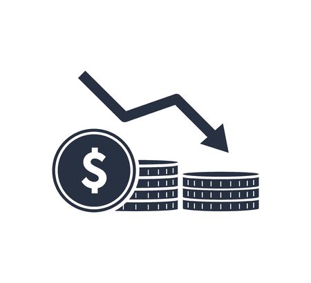 Money reduction line icon. Stacks of coins, cash, graph, arrow down. Investment concept. Vector illustrationのイラスト素材