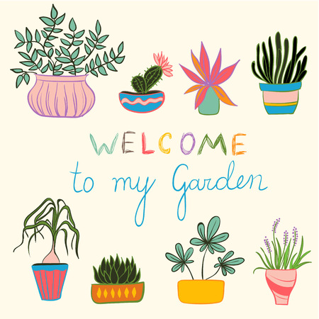 Colorful gardening illustration, Hand drawing set of pot plantsのイラスト素材