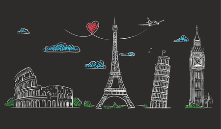 Hand drawn tourist collage with sights of Europe on blackboard. のイラスト素材