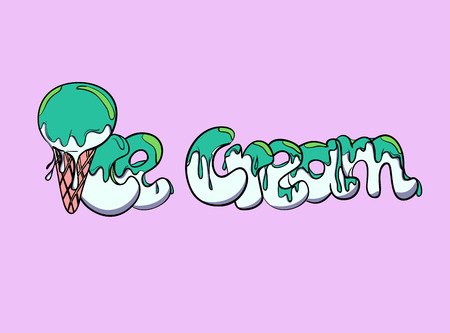 Cartoon ice cream cone with topping, stylized text ice cream.のイラスト素材