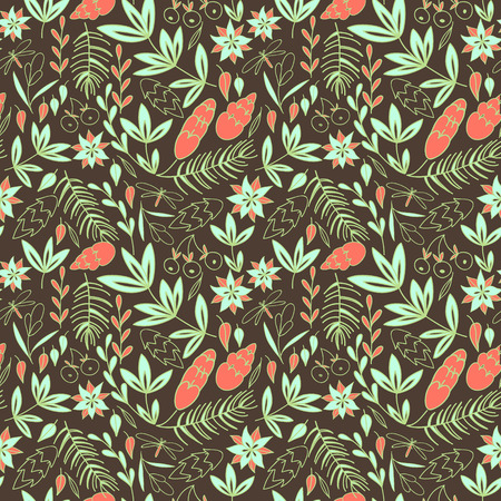 Leaves, pine tree branches and flowers on brown background. Decorative floral seamless patternのイラスト素材