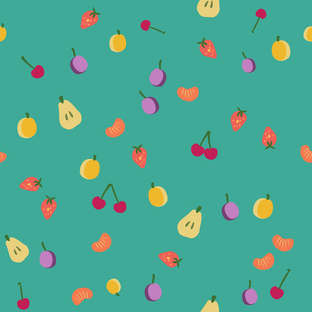 Fruits seamless pattern on green, vintage vector backgroundのイラスト素材