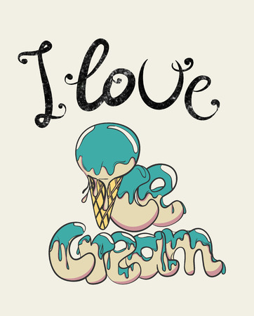 Vintage ice cream cone with topping, i love ice-creamのイラスト素材