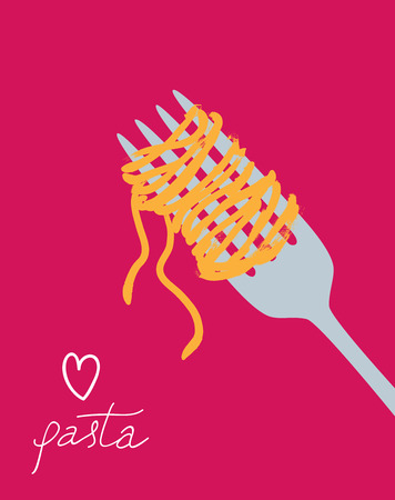 Vector drawn spaghetti on the fork. I love pasta posterのイラスト素材