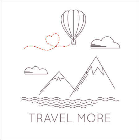 Linear landscape with aerostat flying under the mountains. Vector travel illustration in linear style with text, travel moreのイラスト素材