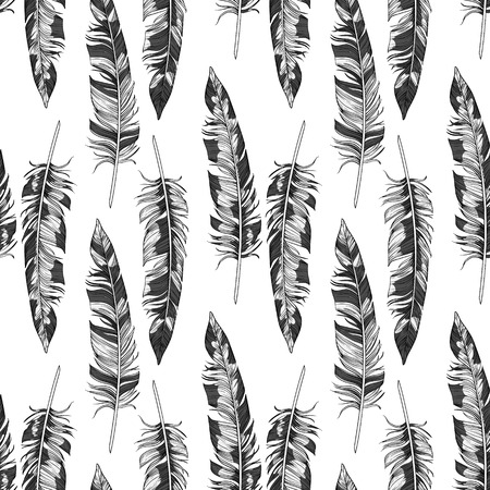 Vector black and white hand drawn feathers seamless pattern,のイラスト素材