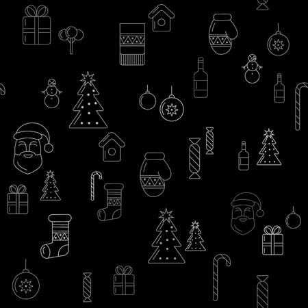 Linear  icons on black background. Christmas seamless background.のイラスト素材