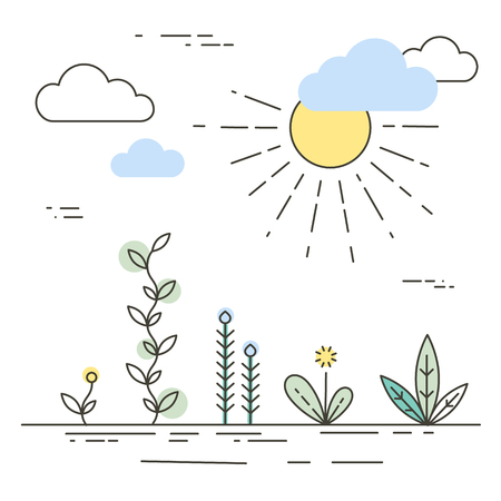 Vector nature and ecology illustration in linear style. Abstract landscape. Thin line flat design isolated on white backgroundのイラスト素材