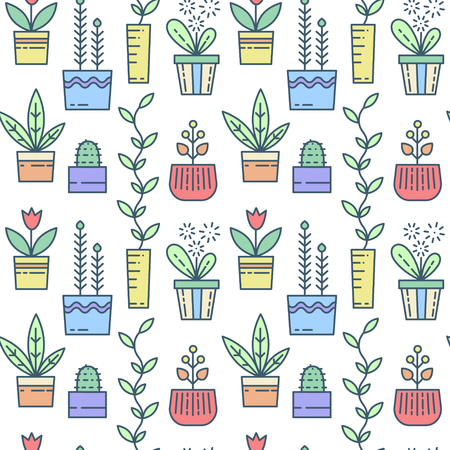 Line house plants pattern. Flowers in pots. Seamless backgroundのイラスト素材