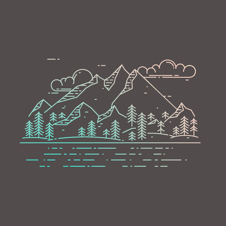 flat linear landscape on dark background. Mountains, forest, sea and clouds illustration. Travel concept, beautiful nature exploration cardのイラスト素材