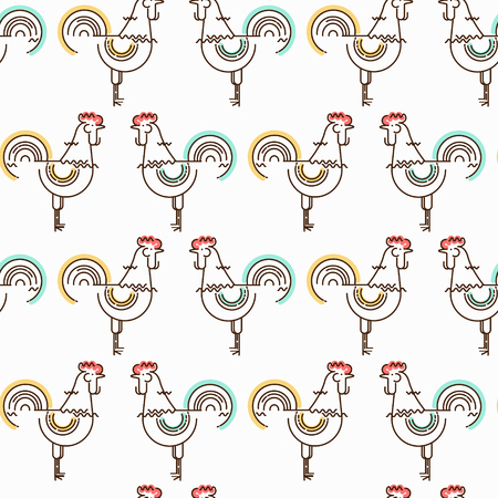 Seamless pattern with roosters in linear style. 2017 Chinese New Yearのイラスト素材