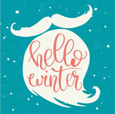 Hello winter hand lettering on Santa beard silhouette. Stylish vector illustration. Brush lettering composition.のイラスト素材