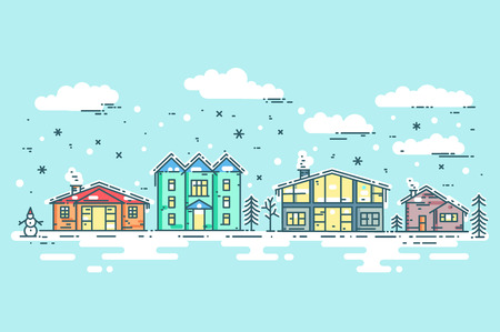 Cityscape in winter. Urban landscape card. Vector flat line illustration with houses, trees, clouds and snow.のイラスト素材