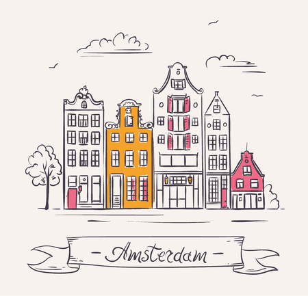 Old houses in Amsterdam illustration.のイラスト素材